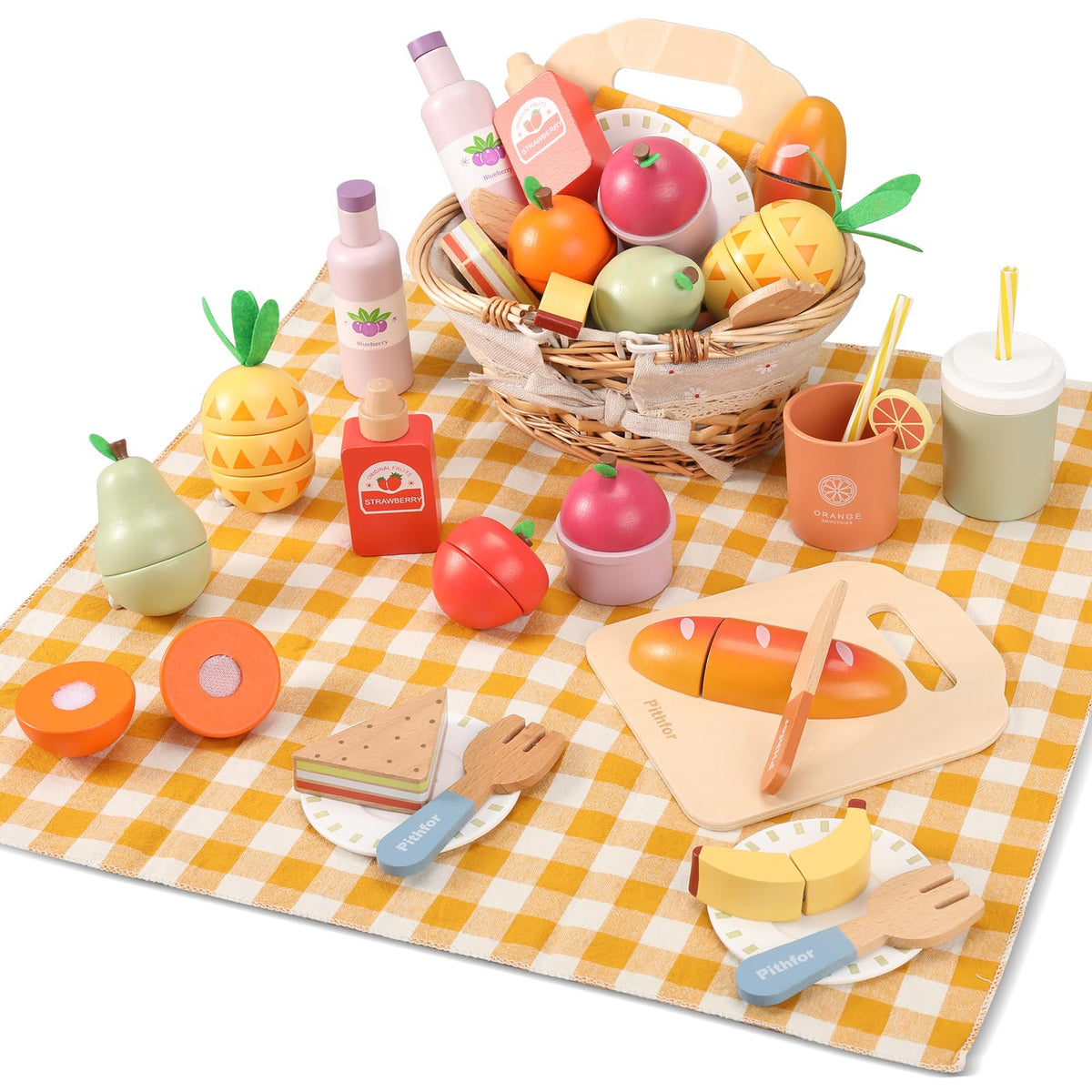 Pithfor Picnic Playset basket and cloth for imaginative pretend picnics.