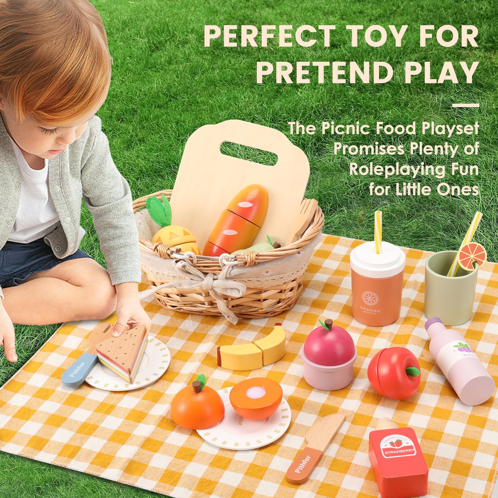 Pithfor Picnic Playset wooden tableware supports fine motor skills during pretend meals.