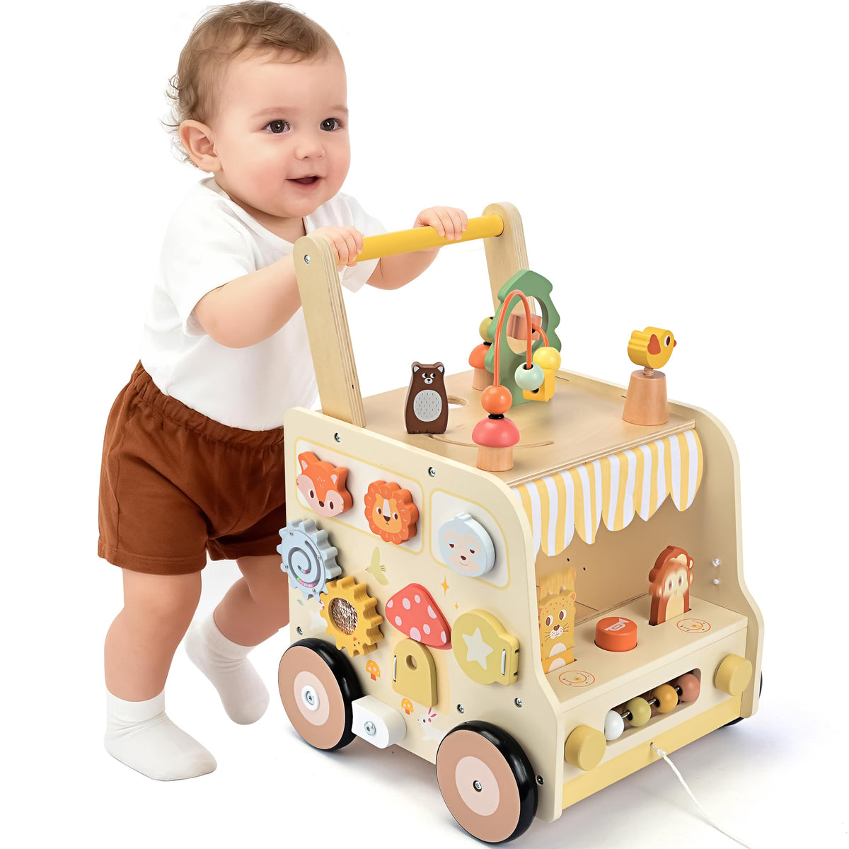 Pithfor wooden activity cube push walker for safe first steps and exploration.