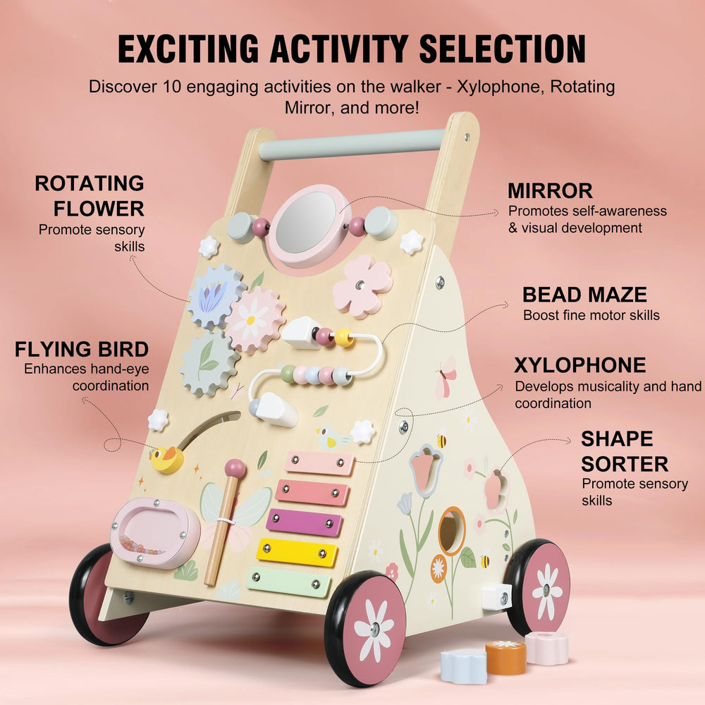 Pithfor wooden baby walker with activity panel invites touch and exploration for little hands.