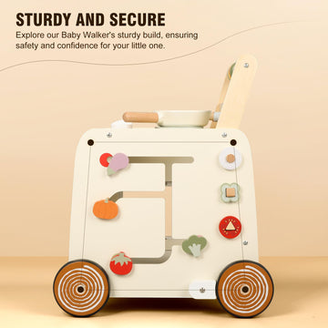 Anti-slip rubber wheels on the wooden walker support stable, confident movement