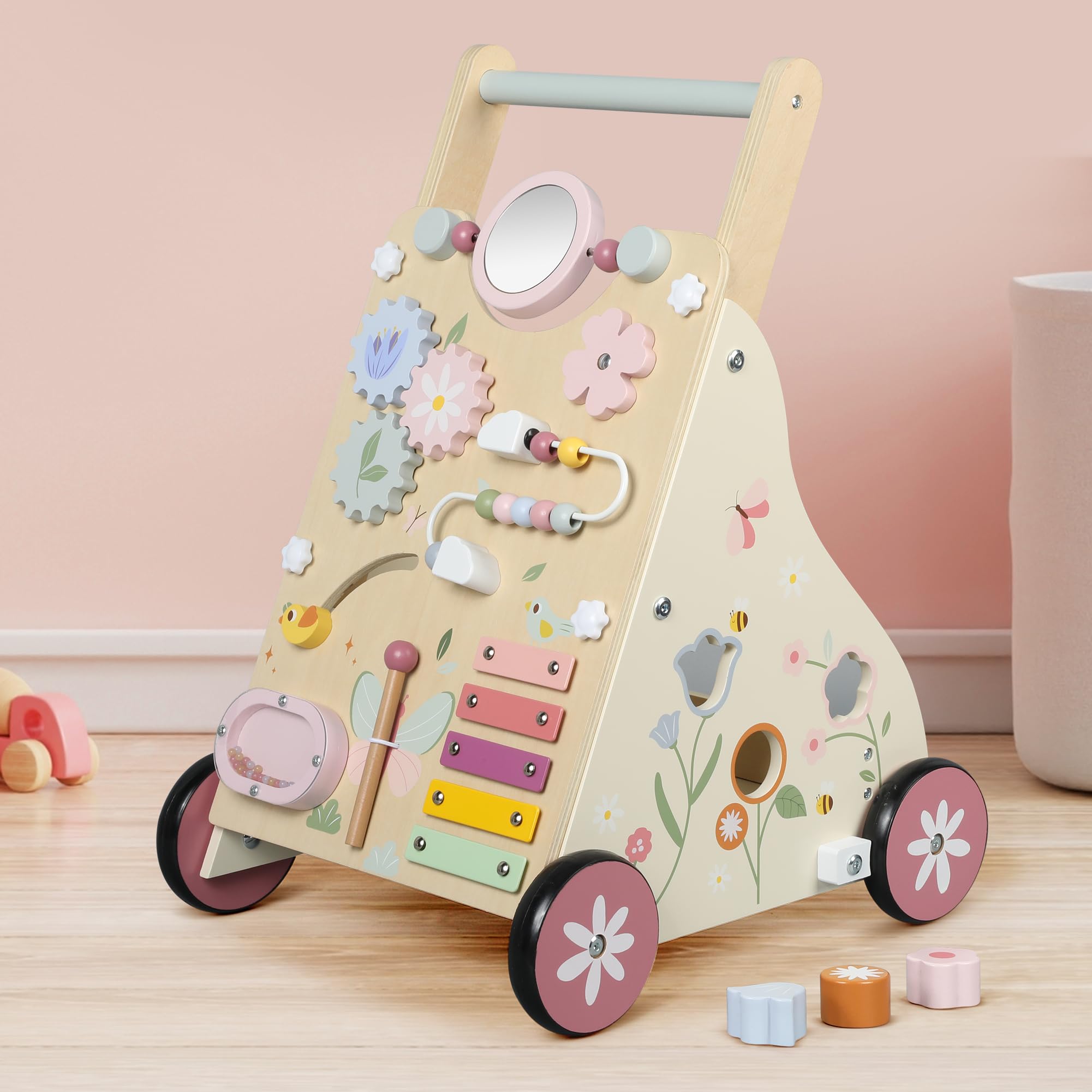 Pithfor wooden baby walker anti-slip wheels provide stable, confident movement.