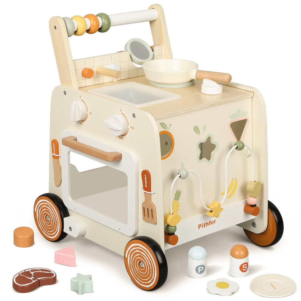 Pithfor wooden baby walker front view showing sturdy frame for early steps