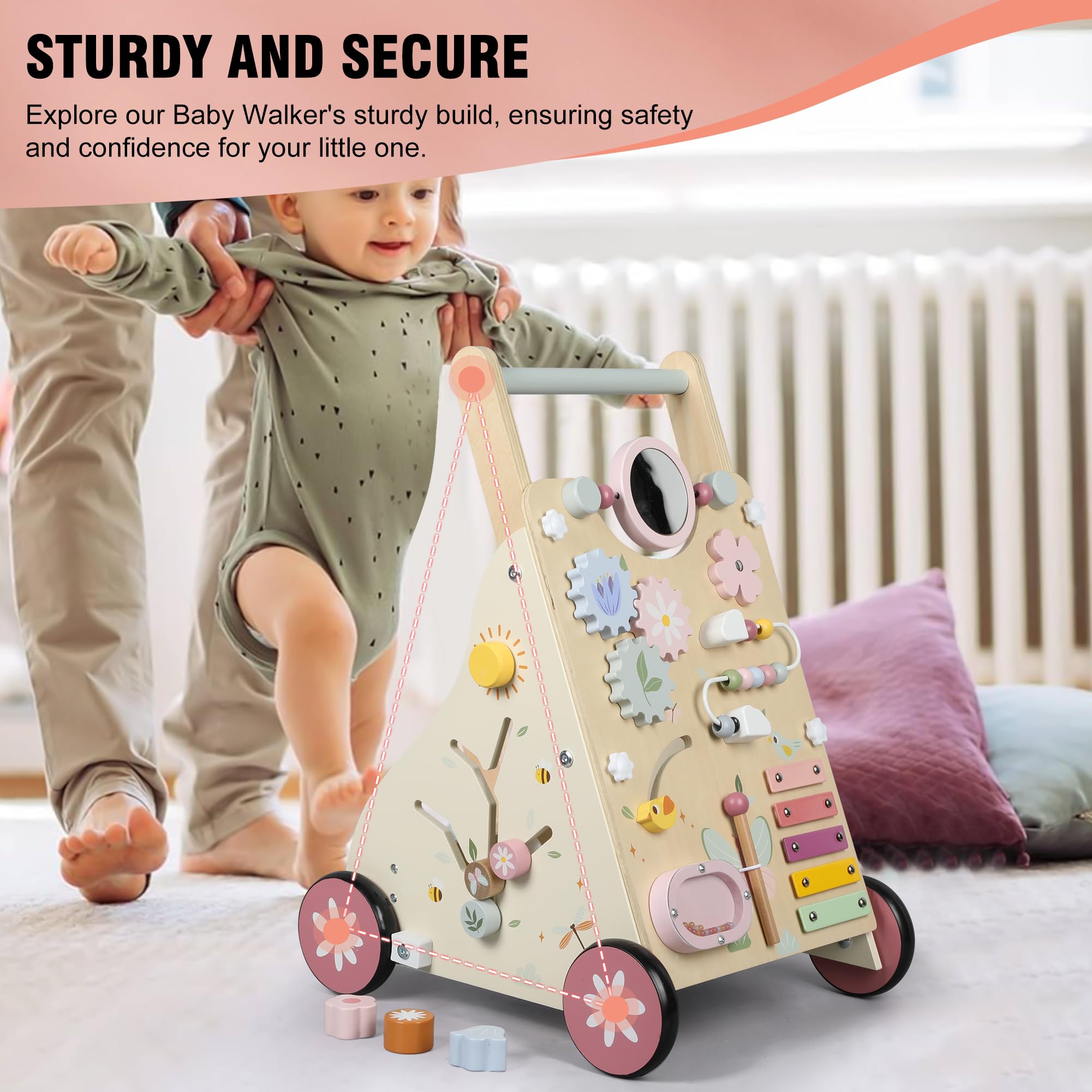Pithfor wooden baby walker gear spinning and shape sorter promote problem-solving.