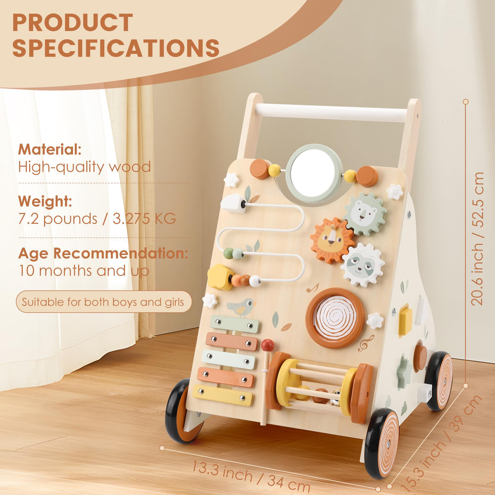 Pithfor wooden baby walker side view highlights smooth finish and stability