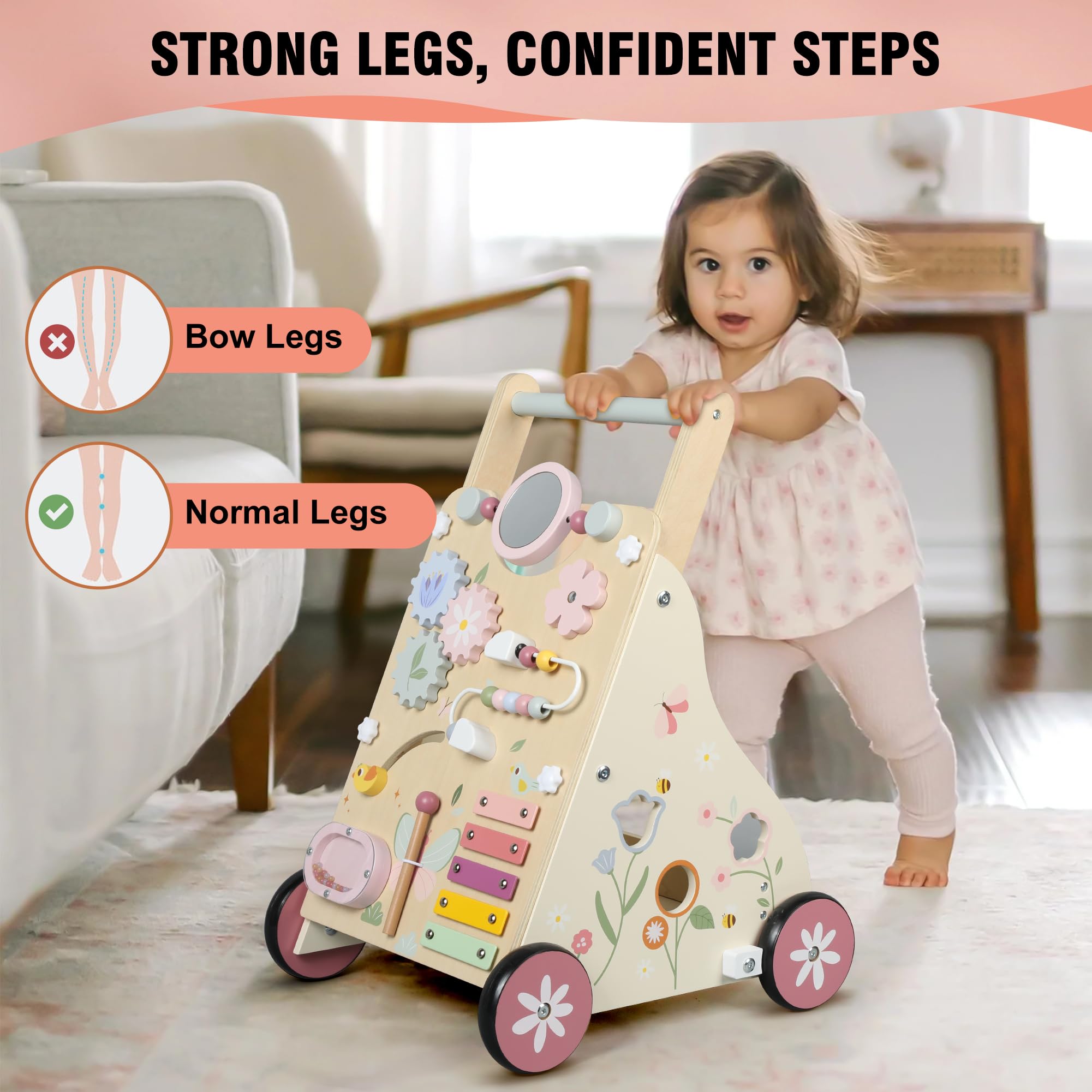 Pithfor wooden baby walker xylophone adds gentle musical engagement during walking practice.