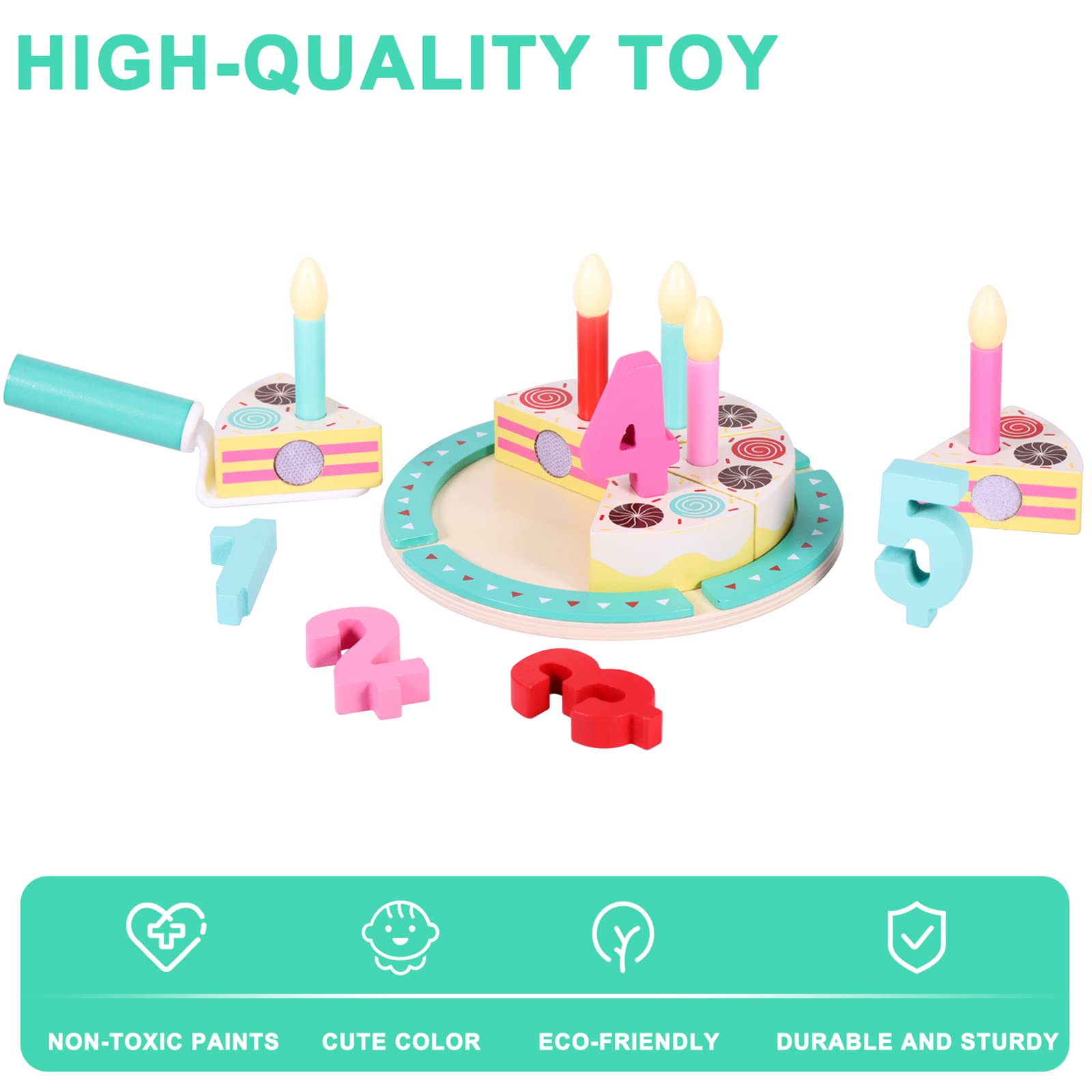 Pithfor wooden birthday cake slices, smooth edges for safe pretend serving.