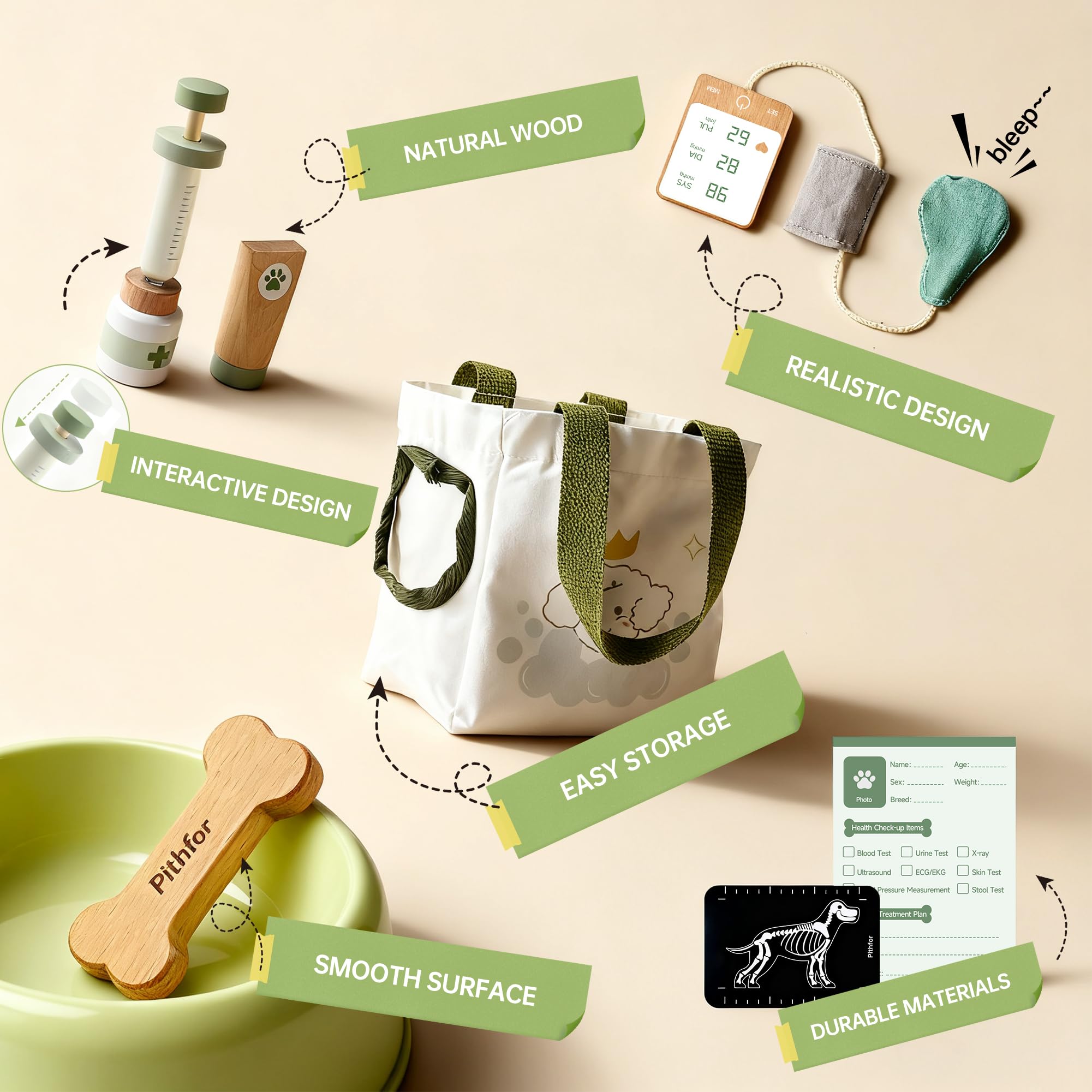 Pithfor wooden doctor kit stethoscope for realistic health checks during pretend play