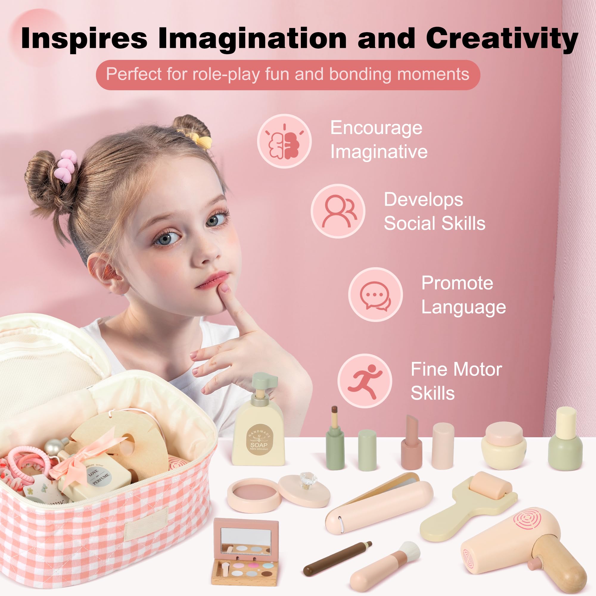 Pithfor wooden makeup toy set accessories case: complete tidy storage for pretend play