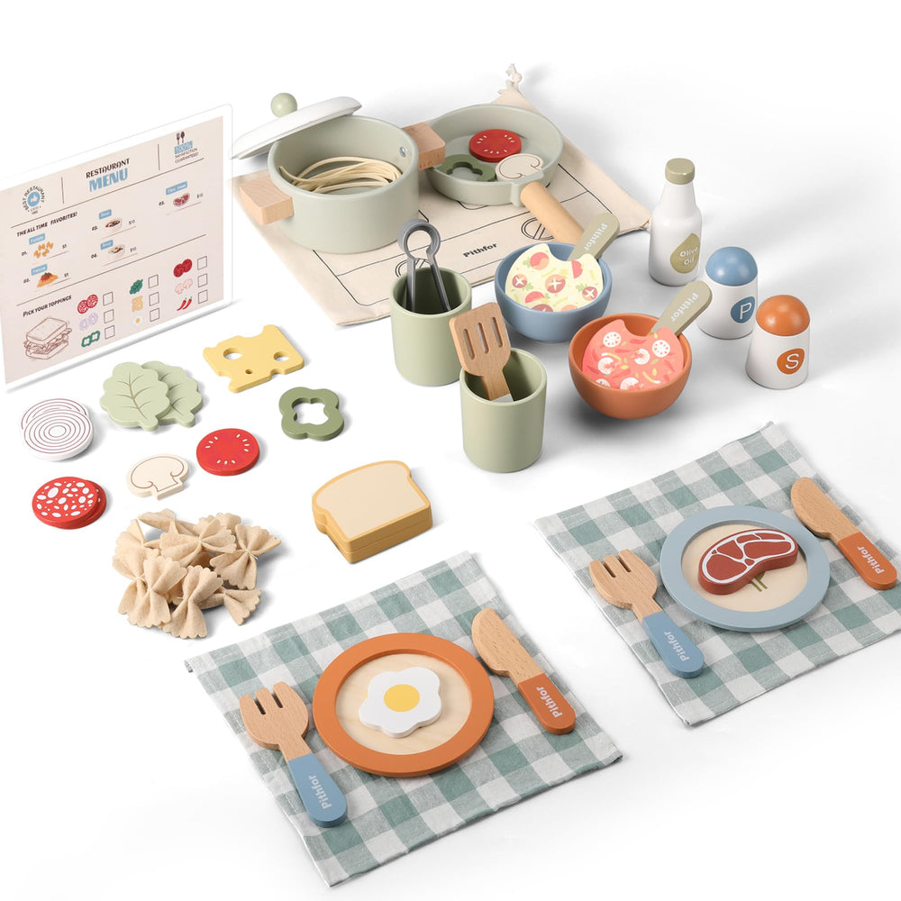 Pithfor wooden play dishes for imaginative pretend meals and shared kitchen moments
