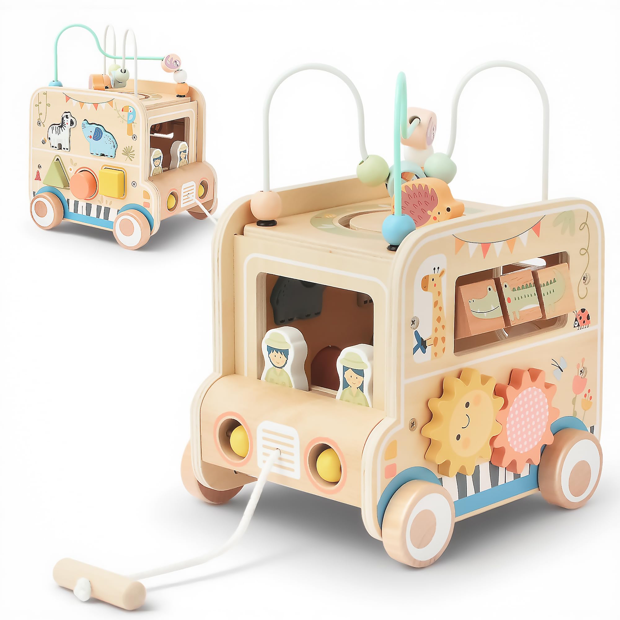 Pithfor wooden pull-along activity cube with bead maze for toddlers