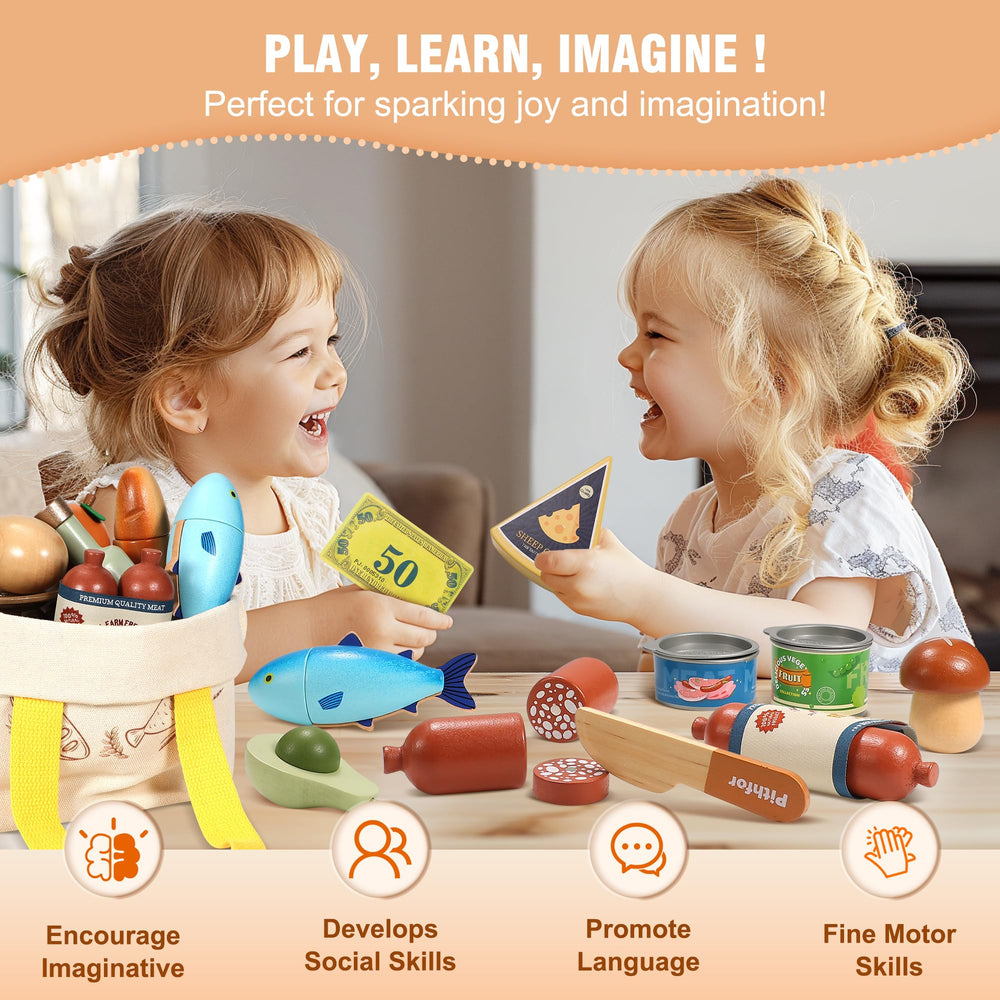 Pithfor wooden scale and play money for early math practice.