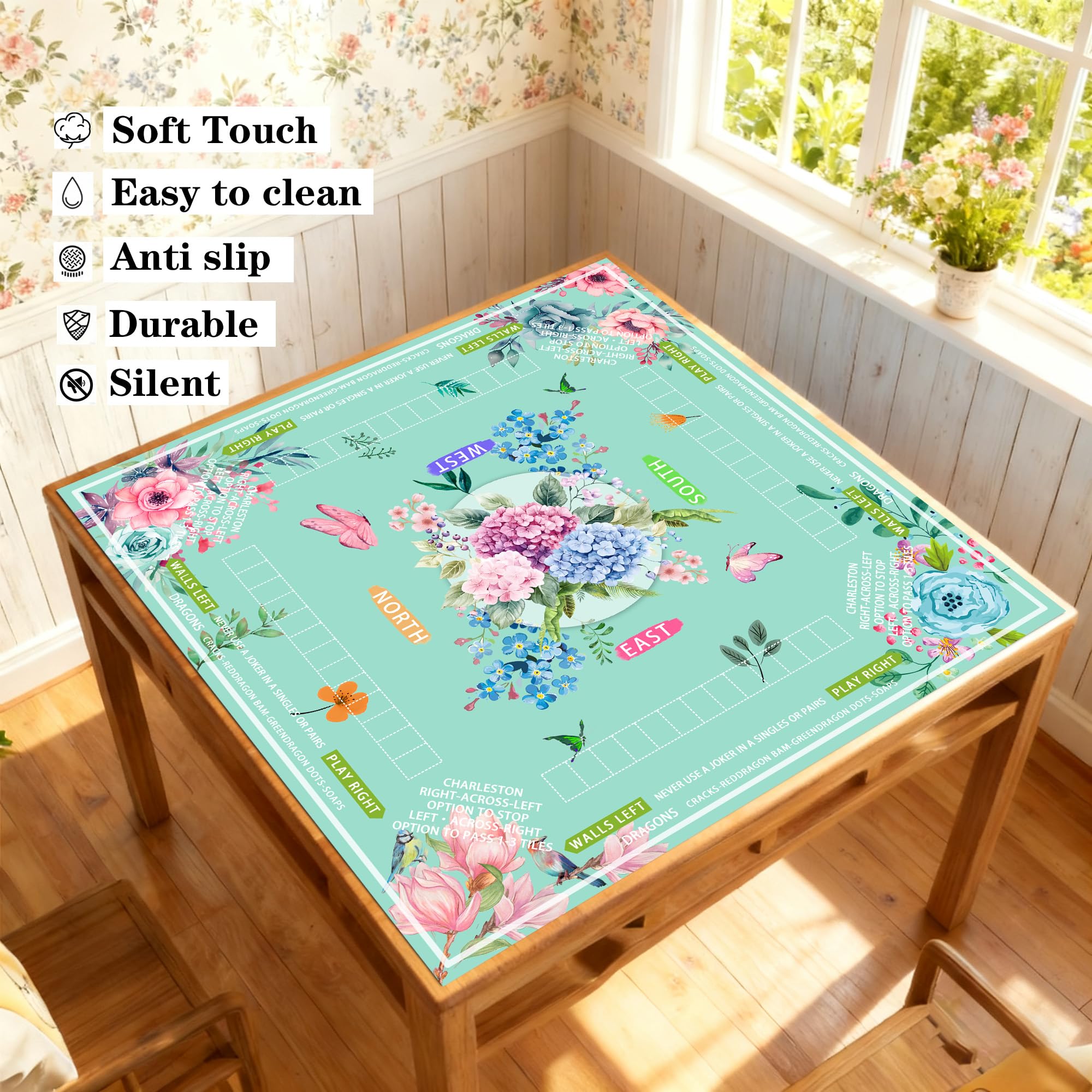 Pittera Mahjong mat with dice highlights premium components for clear, engaging play.