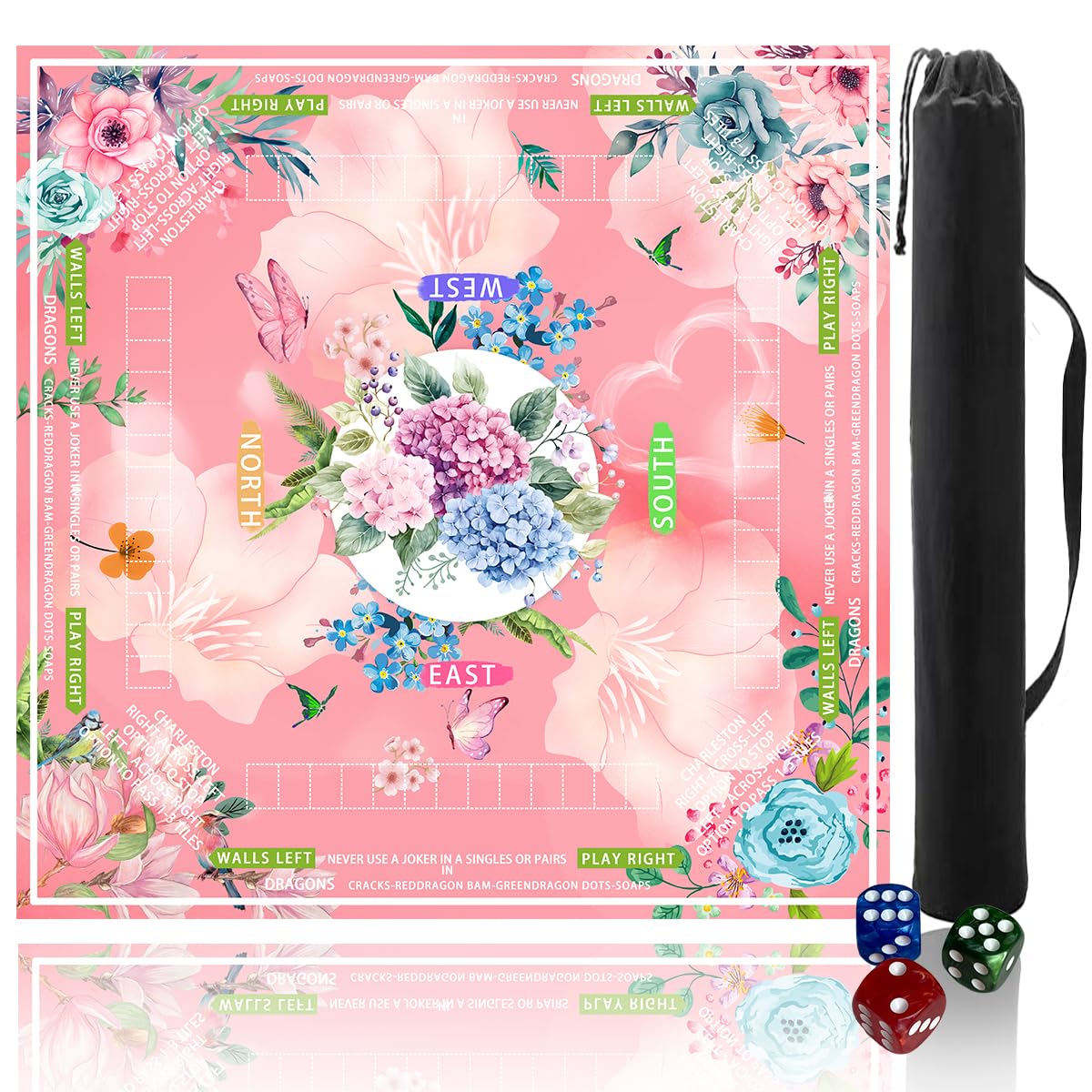 Pittera mahjong mat with pink floral design for quiet, protected play