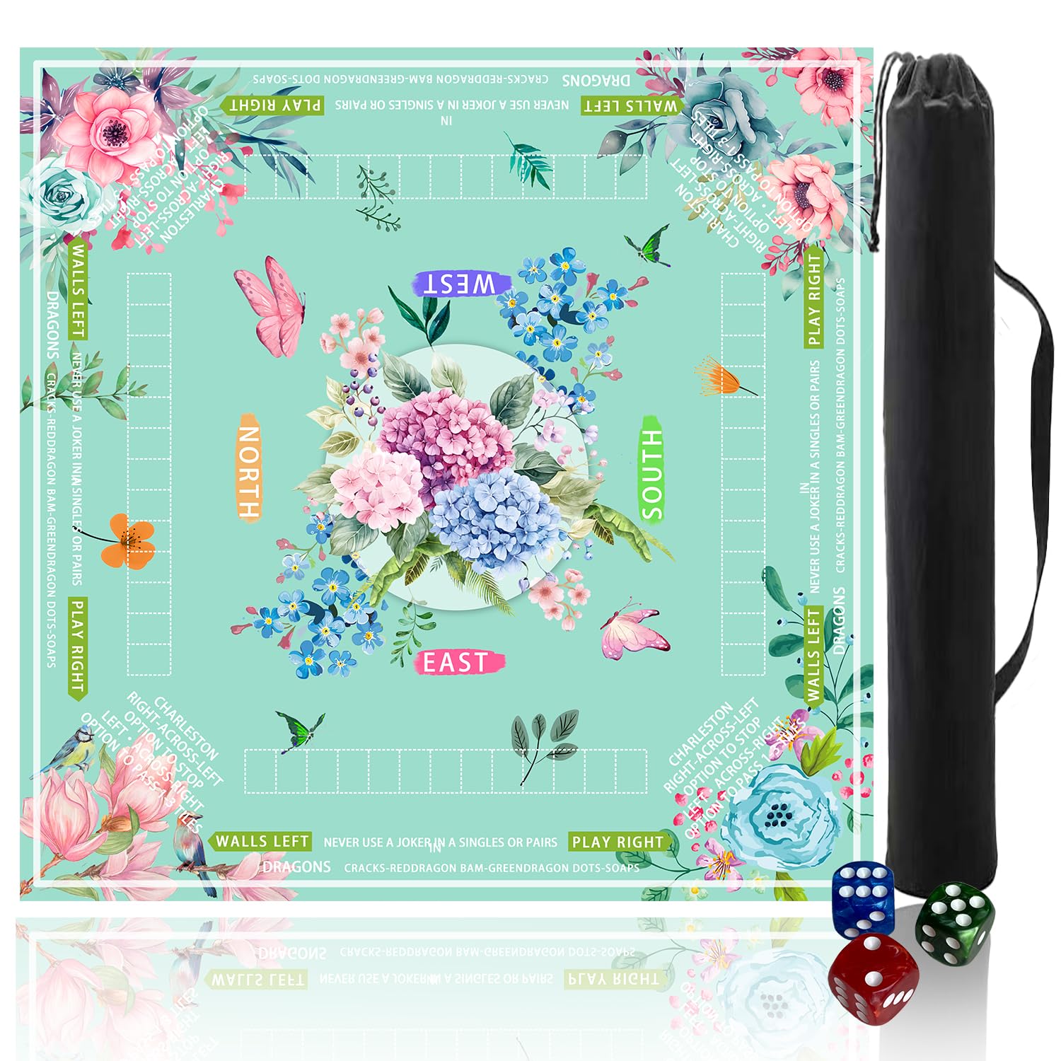Pittera Mahjong mat setup shows dice and carry bag for easy transport.