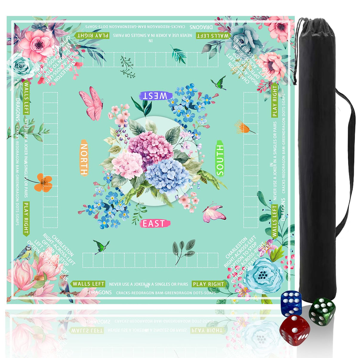 Pittera Mahjong mat setup shows dice and carry bag for easy transport.