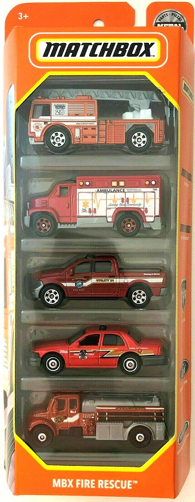 Piuess Matchbox MBX Fire Rescue 5 Pack 1:64 scale vehicles for imaginative play and collection.