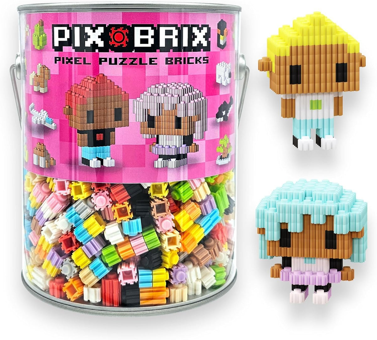 Pix Brix Pixel Art Kit Bucket front view with vibrant interlocking bricks for 2D and 3D builds.