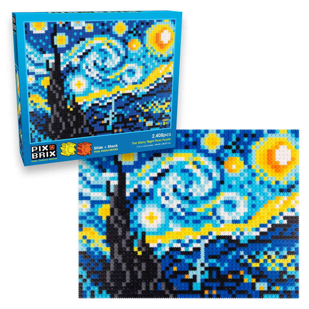 Pix Brix Starry Night pixel art box illustrating 2D and 3D builds