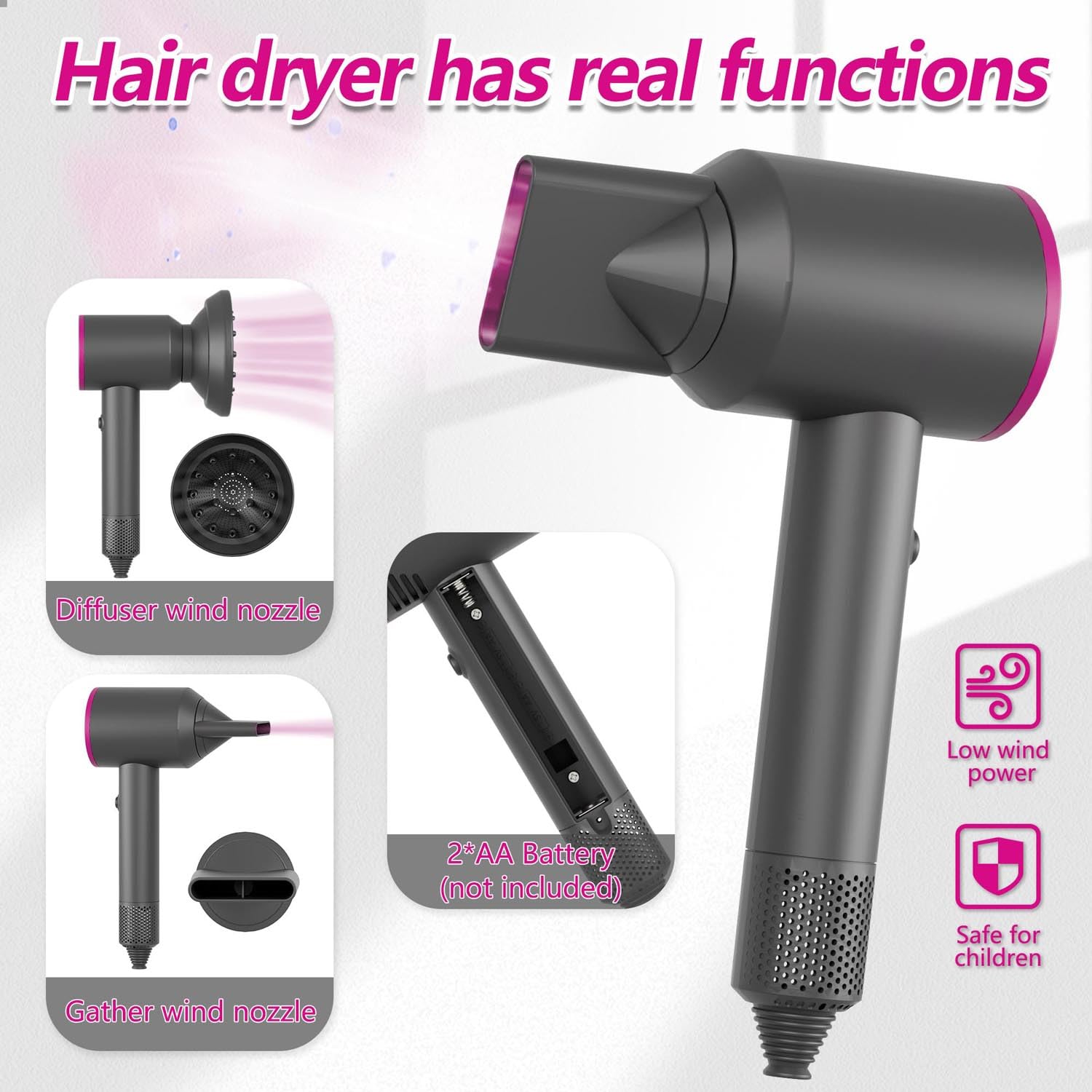PIXATA hair dryer toy with realistic sounds for pretend styling