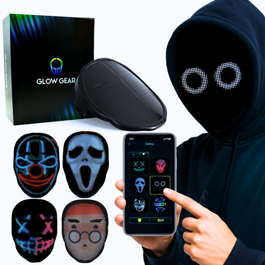 Pixel Stackers Glow Gear mask front view shows vibrant LEDs for festival visibility