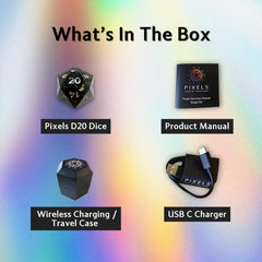 Pixels D20 Midnight Galaxy audio outputs announce roll results for accessible play.