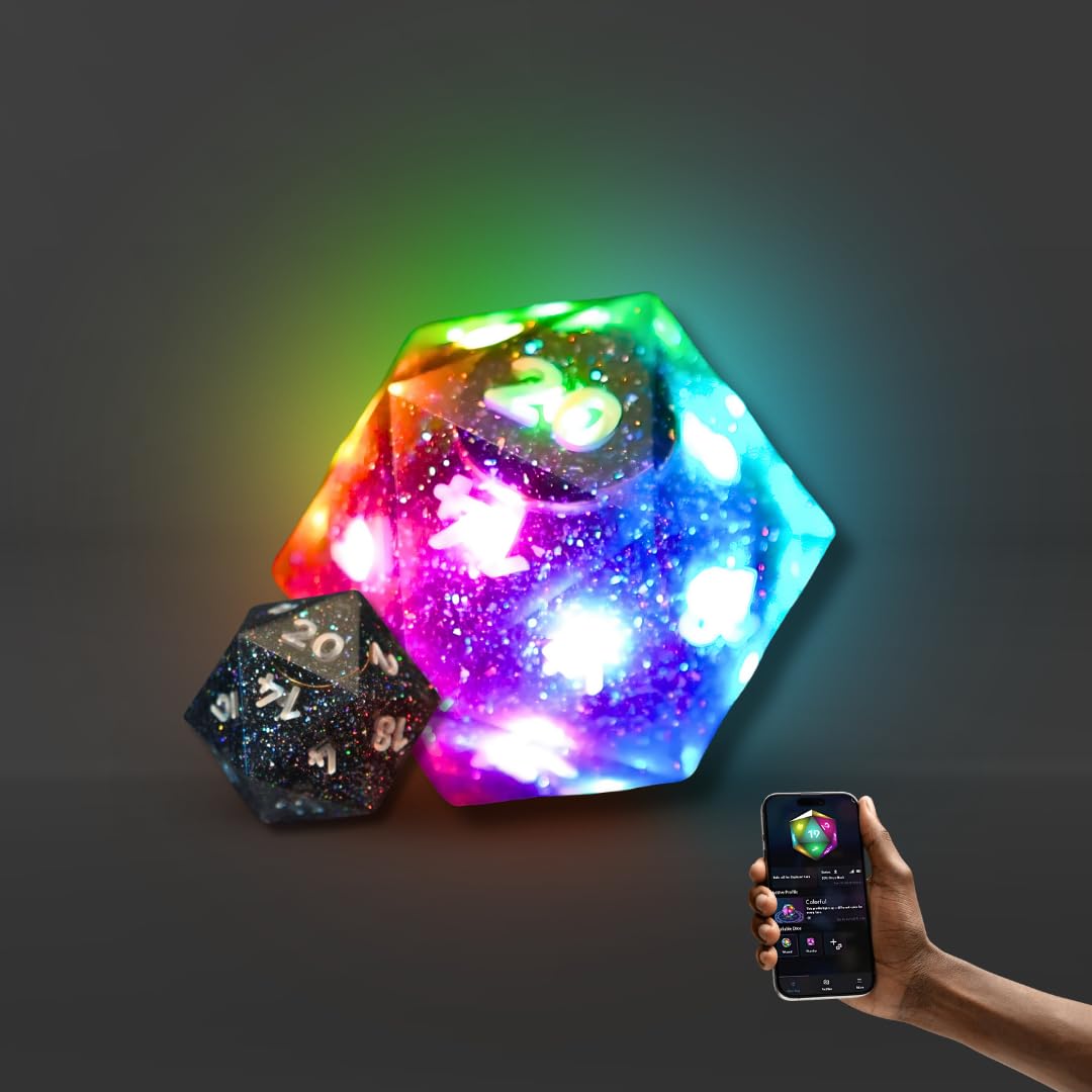 Pixels D20 Midnight Galaxy glow patterns showcase customizable RGB effects for immersive gameplay.