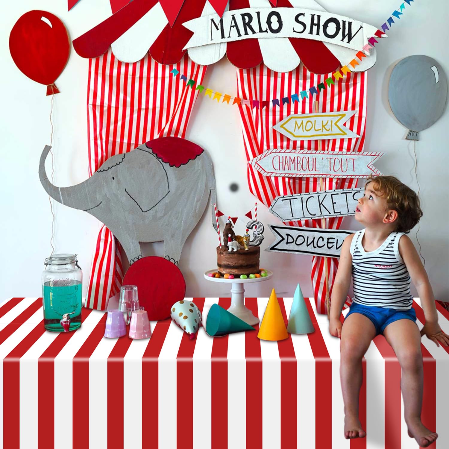 PIXHOTUL dessert table backdrop using striped tablecloths