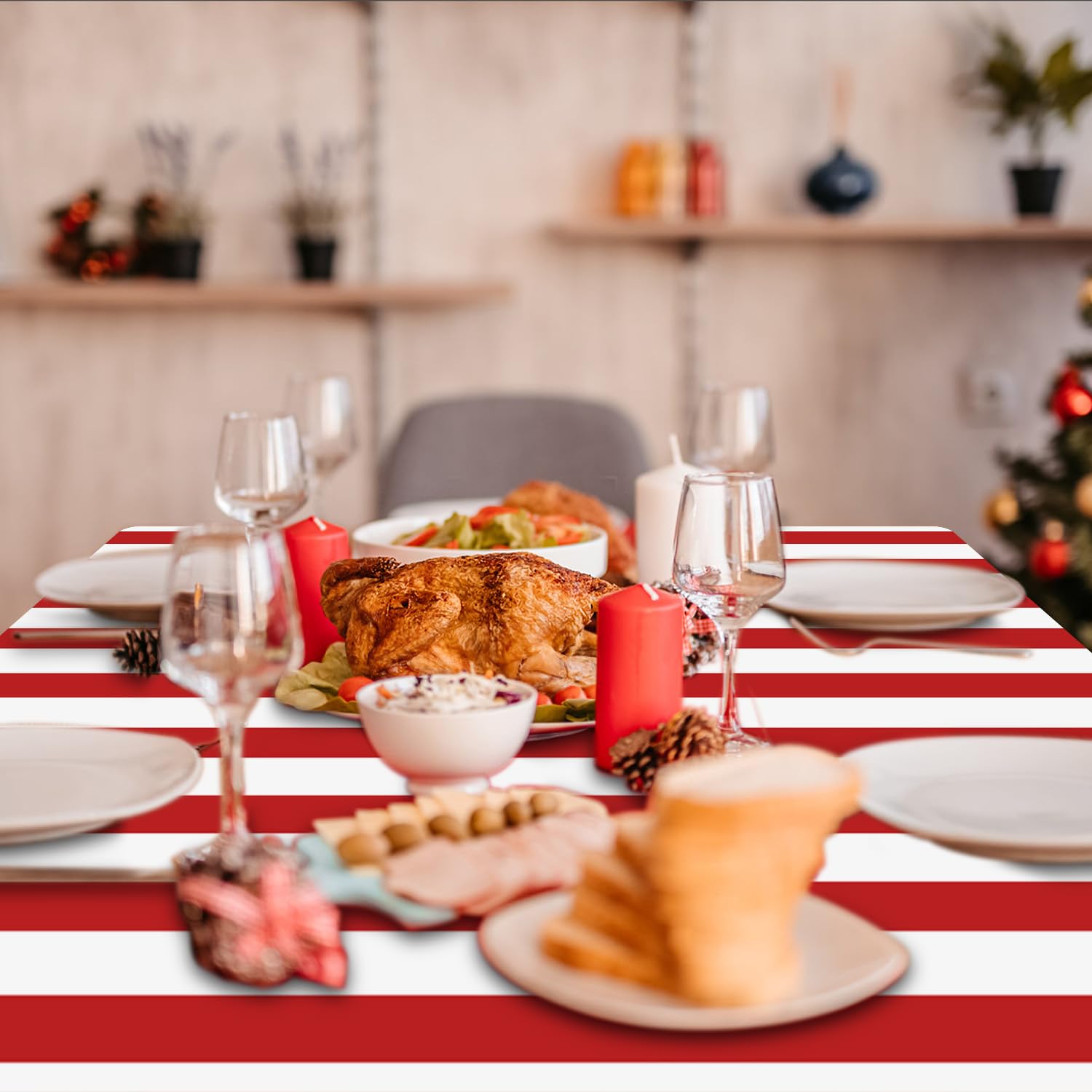 PIXHOTUL kid birthday table setting with red and white stripes
