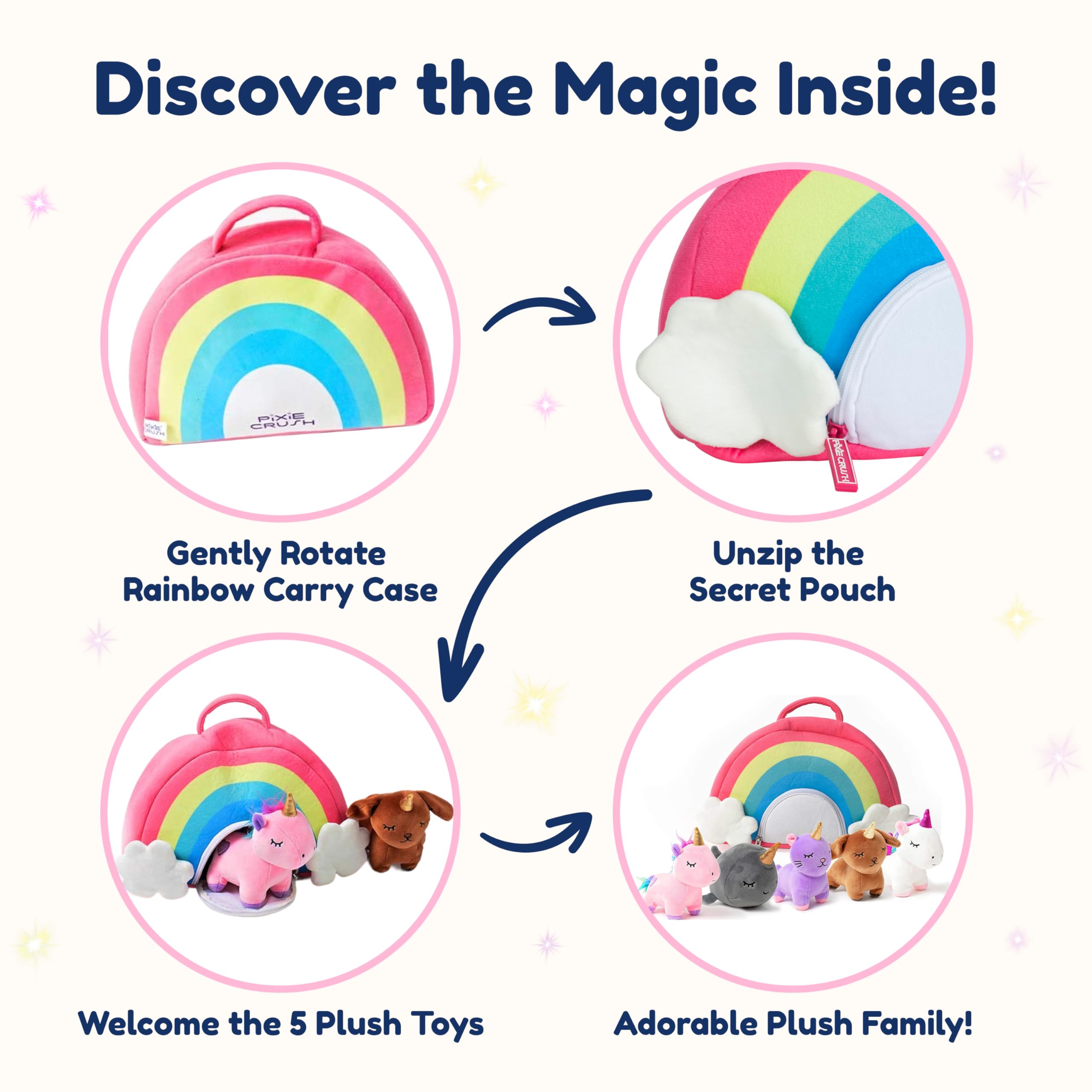 PixieCrush pink bunny plush adds a soft, huggable friend.