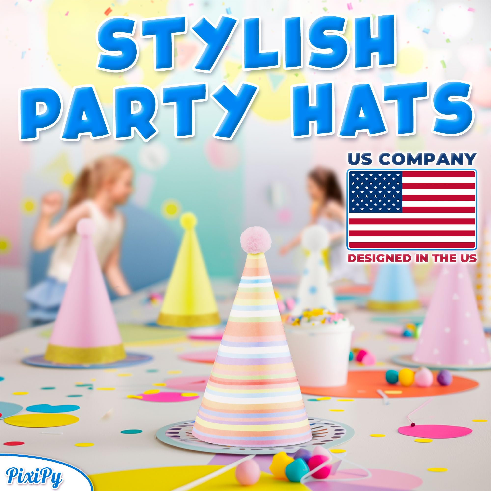 PixiPy assembled cone hats ready for instant wear.