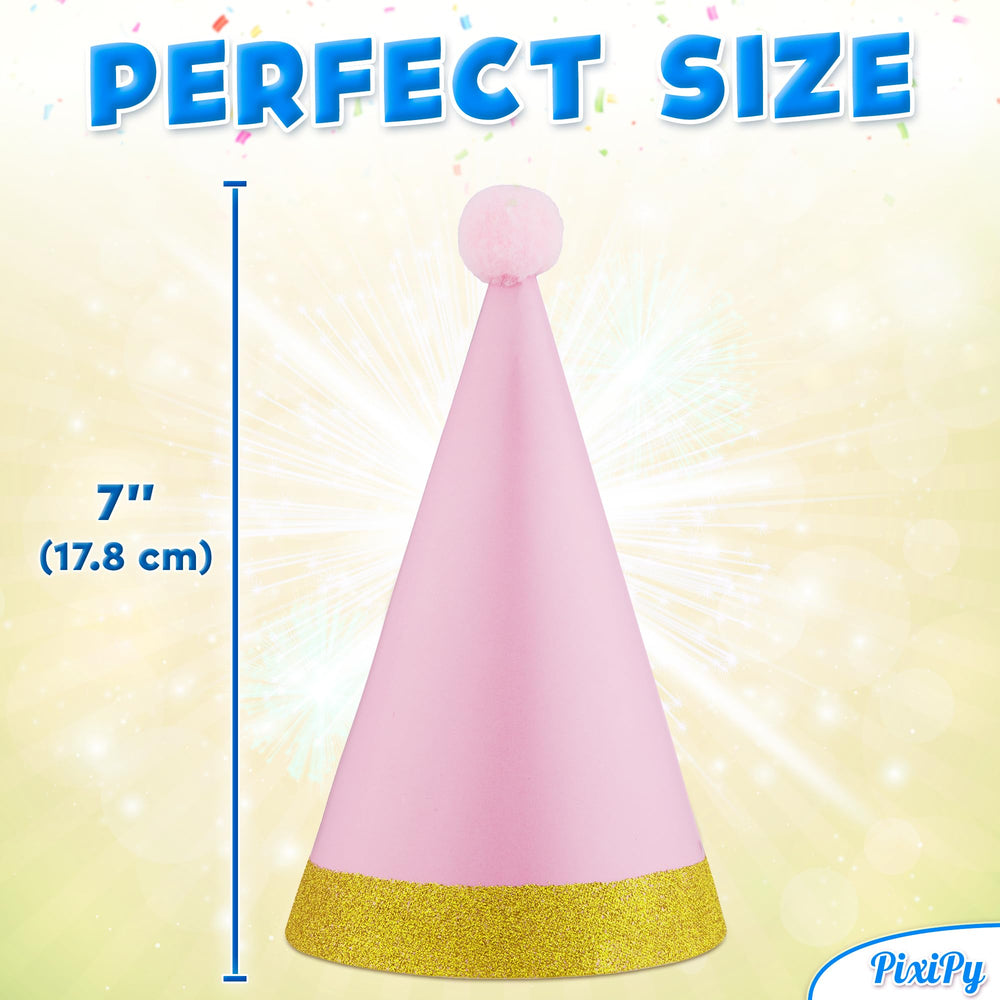 PixiPy birthday hats with adjustable elastic strings for all ages.