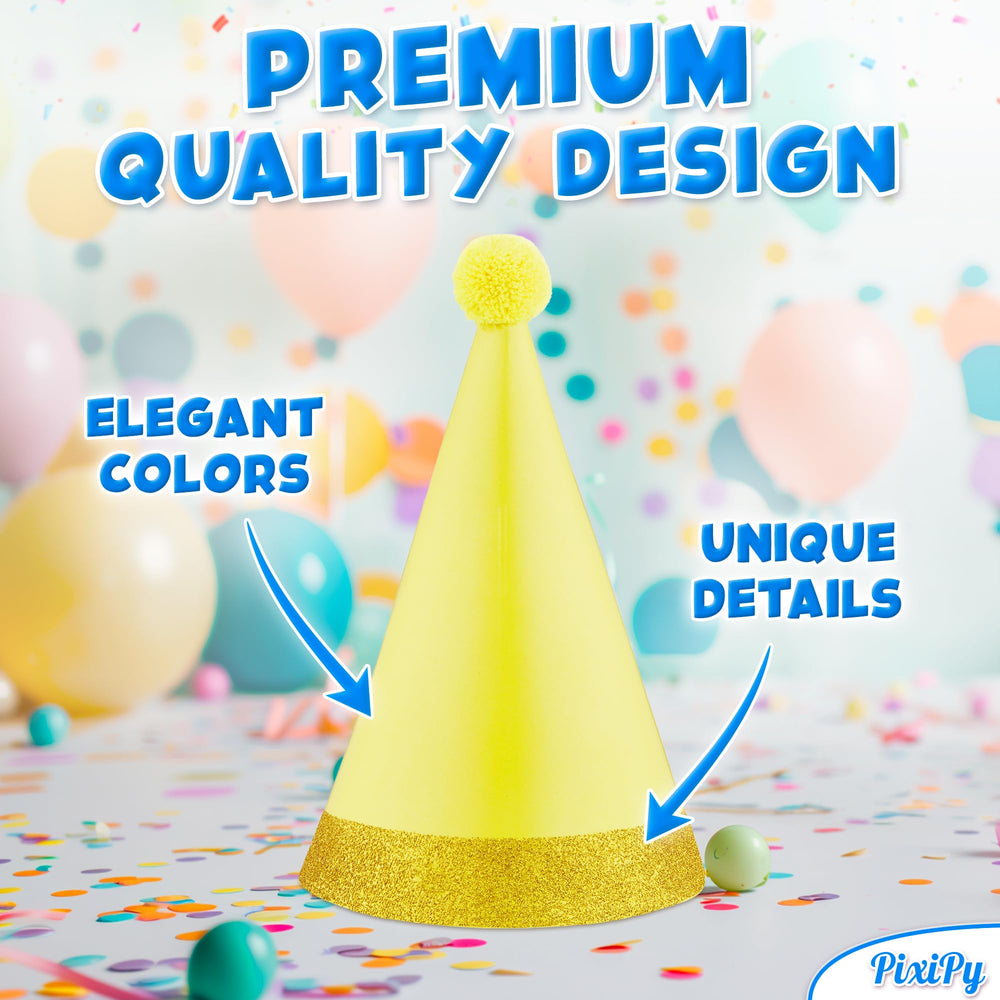 PixiPy birthday hats with gold detailing for festive flair.