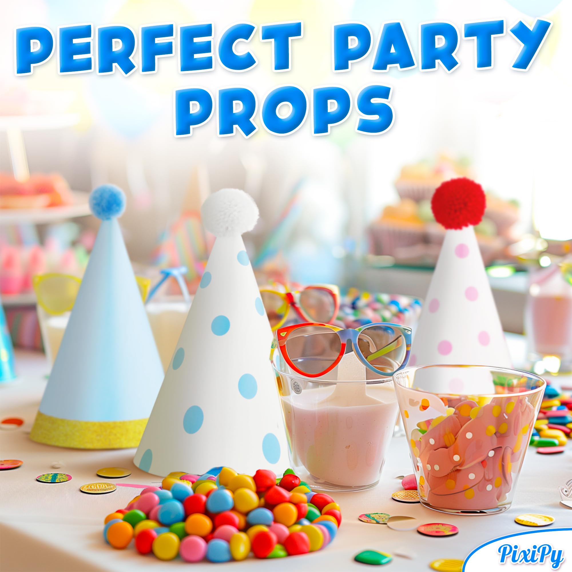 PixiPy party scene featuring colorful PixiPy hats in use.