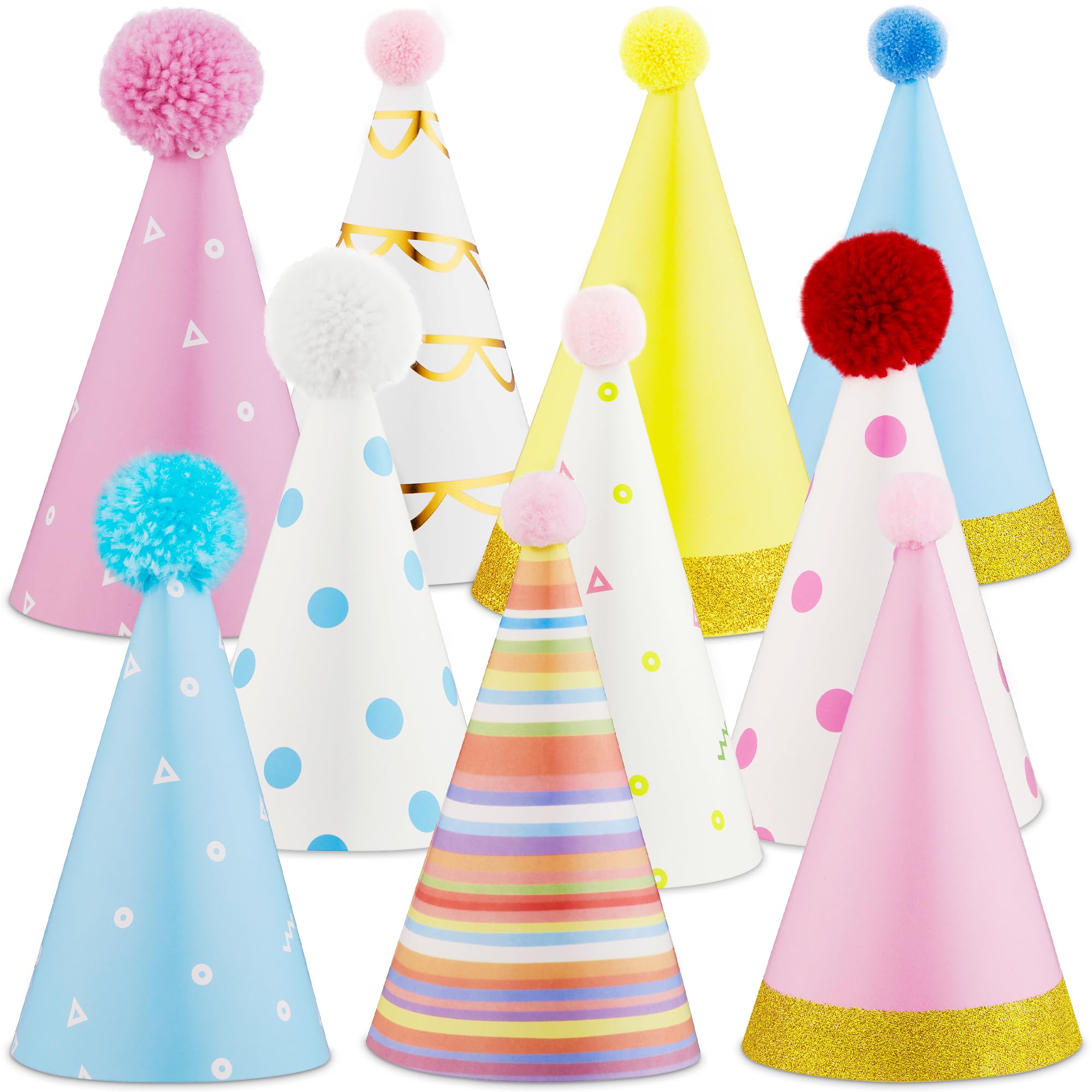 PixiPy birthday hats pastel cone set for colorful celebrations and photos.
