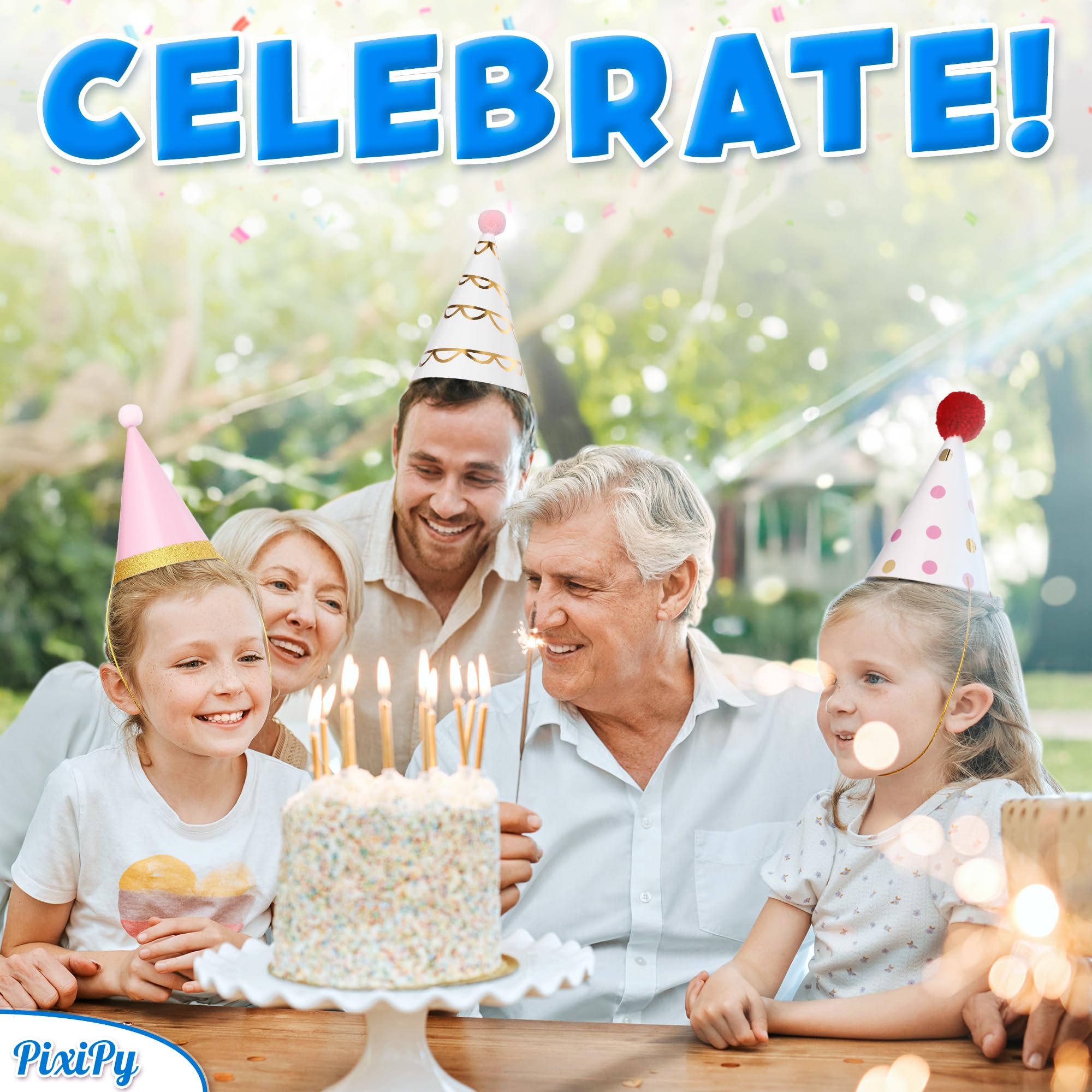 PixiPy birthday hats with pom-poms add playful charm to parties.