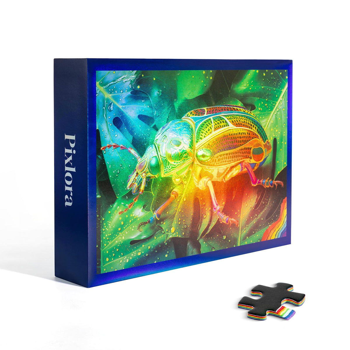 Pixlora Beetle Theme puzzle box with rainbow coating enhances game night visuals.