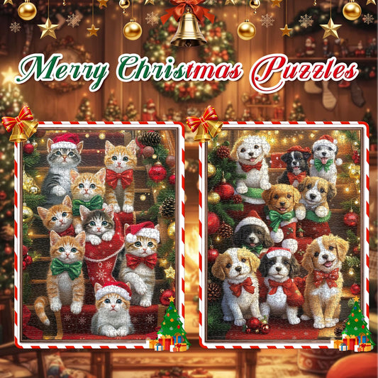 Pixlora cat-dog-scene puzzle closeup showing glittery holiday detail.