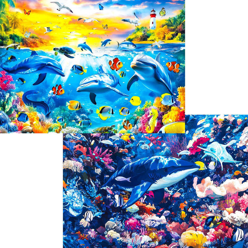 Pixlora Dolphin Sunset 1000-piece puzzle: vibrant colors energize your evening challenge.