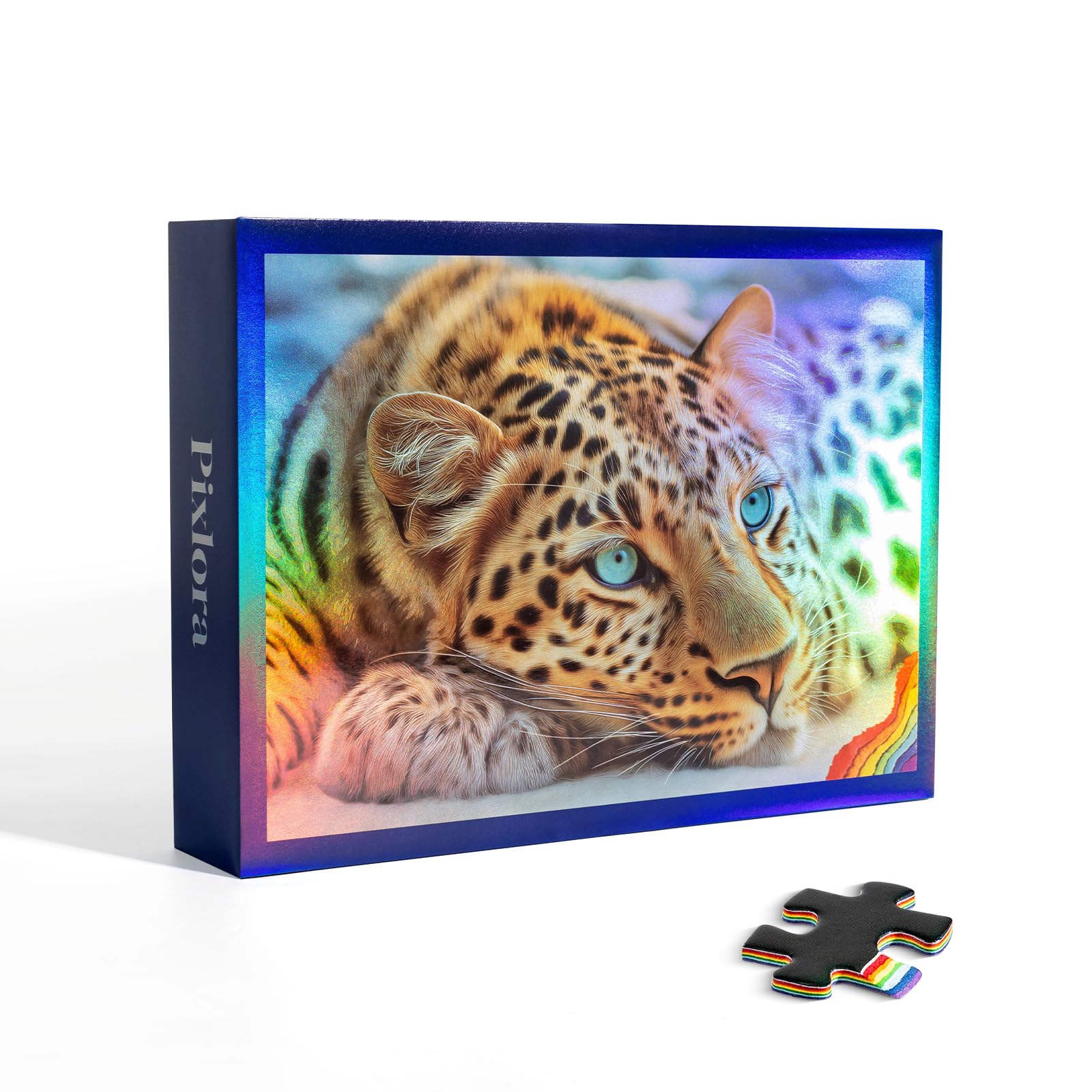 Pixlora Leopard puzzle cover featuring bold leopard artwork for adult puzzle fans.