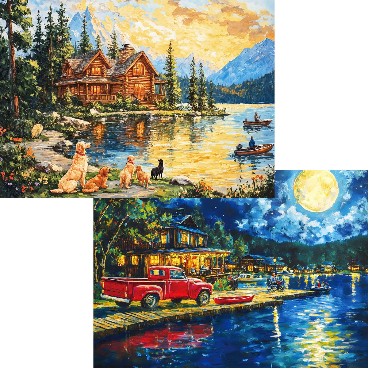 Pixlora puzzles lake cabin moonlight image, a tranquil scene ideal for relaxing evenings.