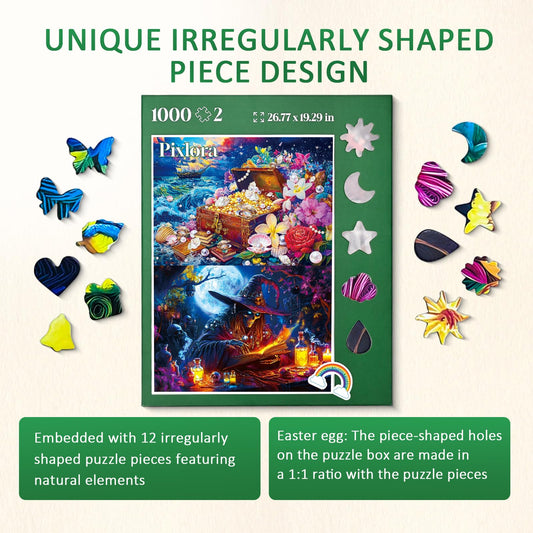 Pixlora treasures and dark forest puzzle—crisp details enhance focus during solving.