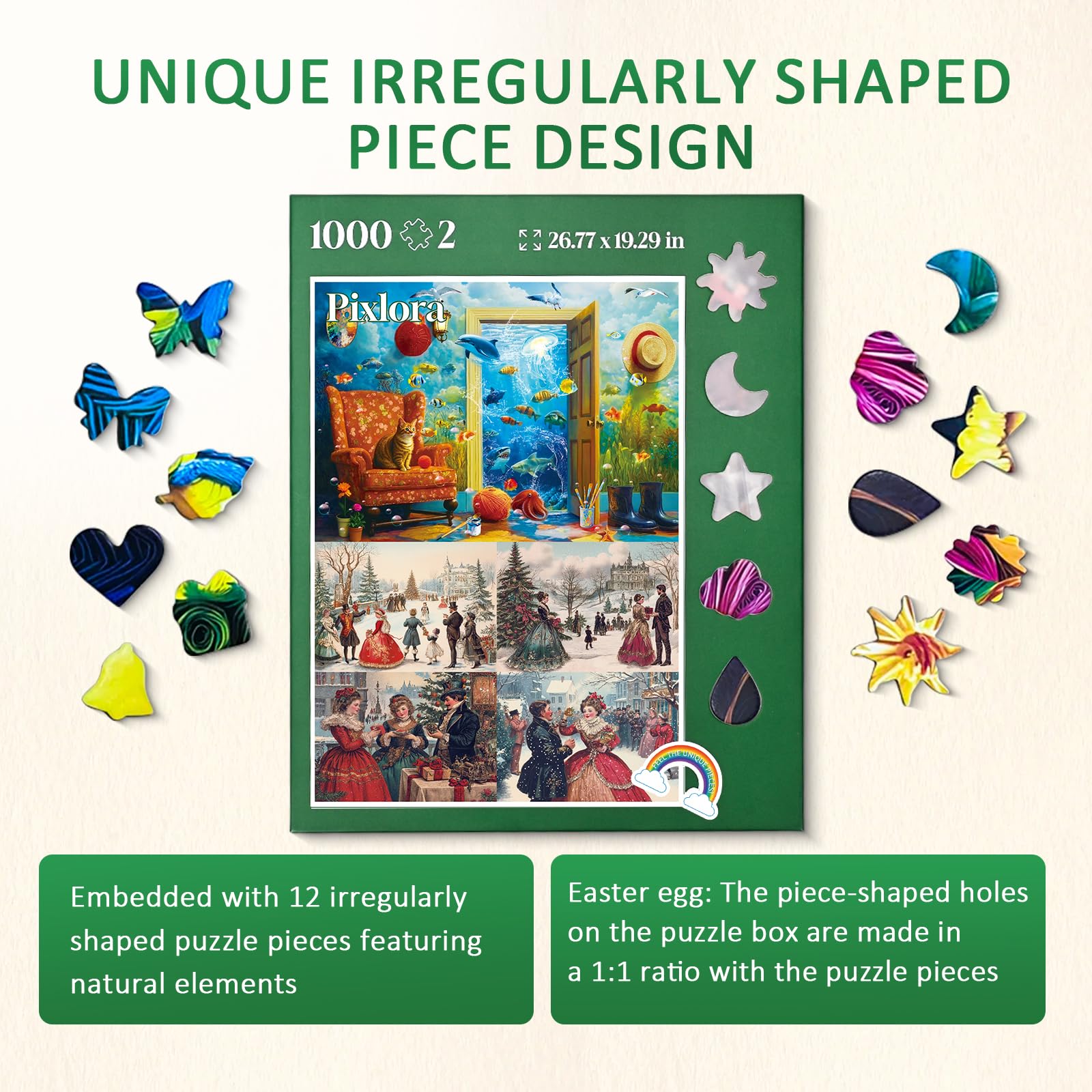 Pixlora unique shaped pieces puzzle image highlights irregular pieces for a playful challenge.