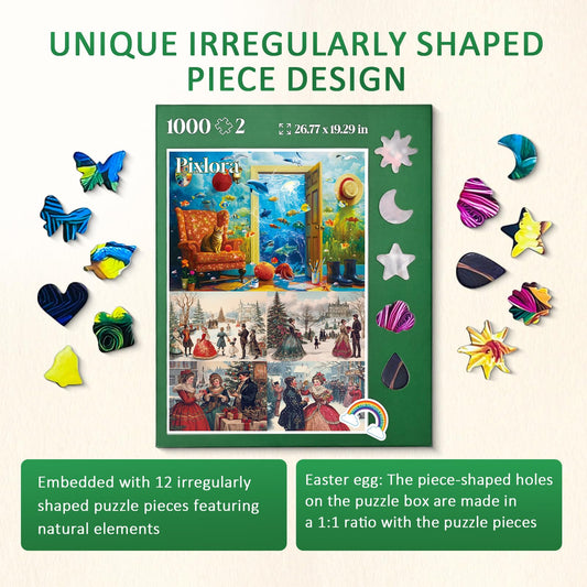 Pixlora unique shaped pieces puzzle image highlights irregular pieces for a playful challenge.