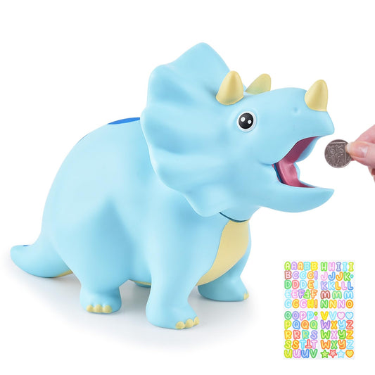 PJDRLLC Dinosaur Piggy Bank blue front view shows sturdy plastic for kids' daily savings.