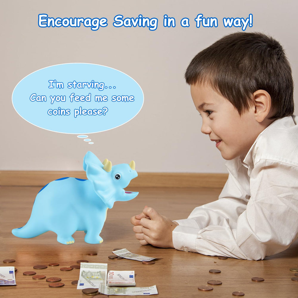PJDRLLC Dinosaur Piggy Bank blue side view highlights durable construction for everyday use.