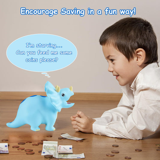 PJDRLLC Dinosaur Piggy Bank blue side view highlights durable construction for everyday use.