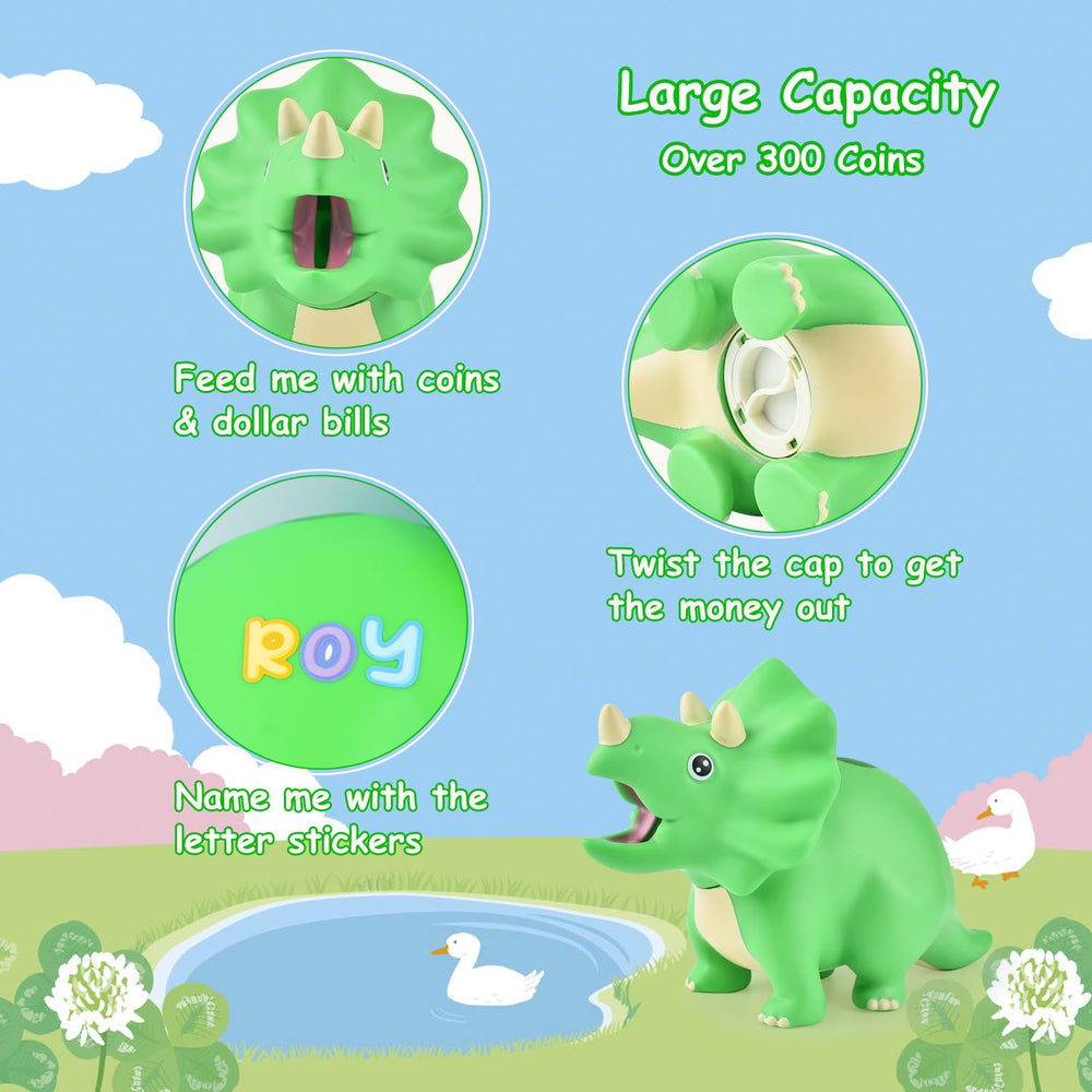 PJDRLLC green dinosaur piggy bank bottom knob for easy saving and retrieval
