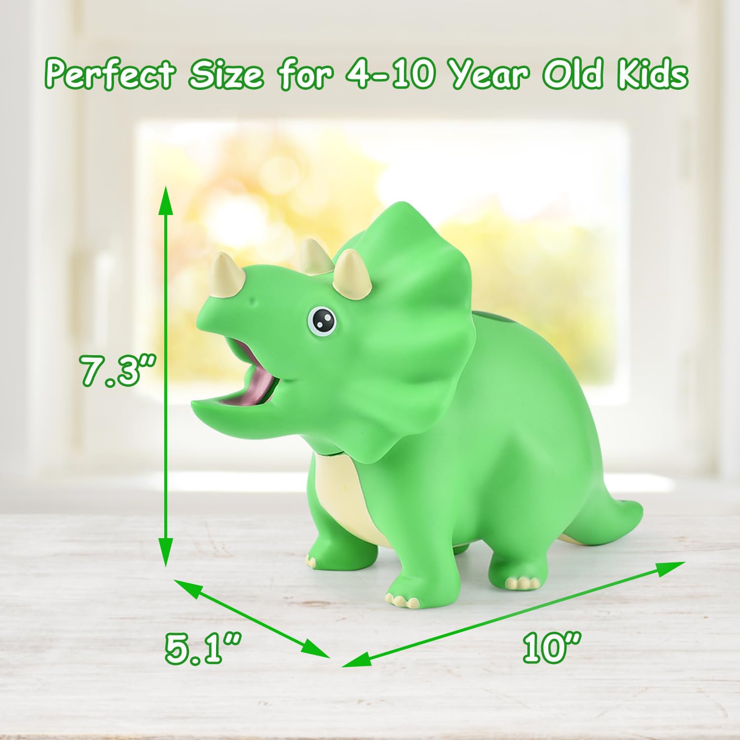 PJDRLLC green dinosaur piggy bank with child holding to show portability