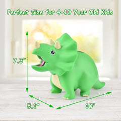PJDRLLC green dinosaur piggy bank with child holding to show portability